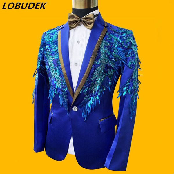 

new design blue sequins blazer 2 pieces tuxedo men's suit fashion stage singer chorus costume host clothing wedding groom suits, White;black