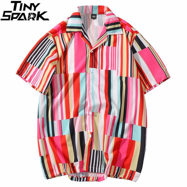 

2020 hip hop shirt streetwear men hawaiian shirt pink color block stripe harajuku beach hiphop shirts summer short sleeve, White;black