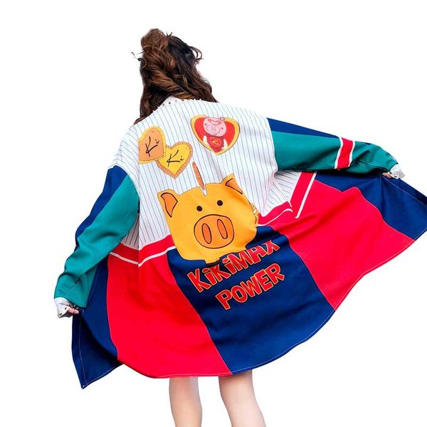 

Women Chic Shirt Thailand Street Fashion Stripe Patchwork Autumn Irregular New Chic Cartoon Printing Shirt Dress Long Loose Blouses