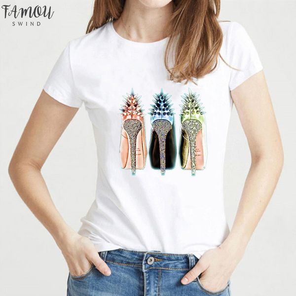 

watercolor high heels shoes print vogue t shirt femme funny t shirt women 90s hip hop punk shirt hipster short streetwear, White
