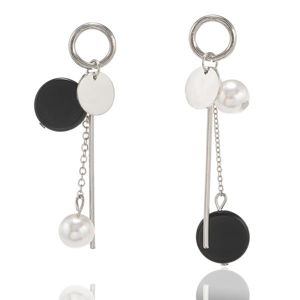 

korean statement black round acrylic earring asymmetry metal rod long tassel earrings for women fashion jewelry aretes de mujer, Silver