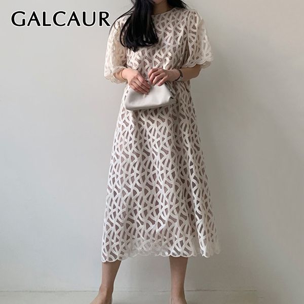 

galcaur элегантная перспектива выдалбливают платье женщины o образным вырезом с коротким рукавом негабаритных свободные миди платья женский, Black;gray