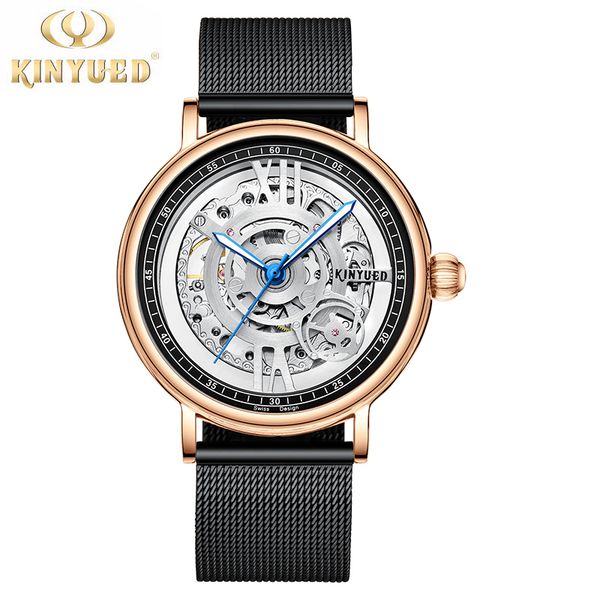 

kinyued retro fashion design skeleton sport mechanical watch luminous transparent mesh bracelet mens watches top, Slivery;brown