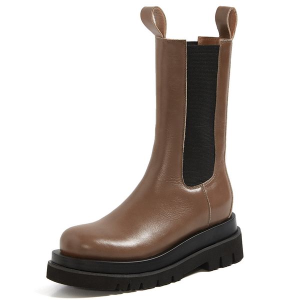

fashion women med boots real leather female shoes round toe women shoes platfrom slip-on boots stretch fabric casual woman, Black