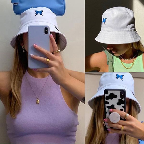 

women butterfly embroidery foldable anti-sunburn bucket sun hat cap summer hat #j3s, Blue;gray