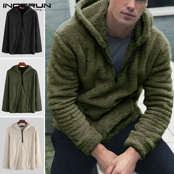 

incerun men cotton furry hoodies pure color long sleeve casual loose big pockets hooded vintage zipper joggers mens pullovers, Black