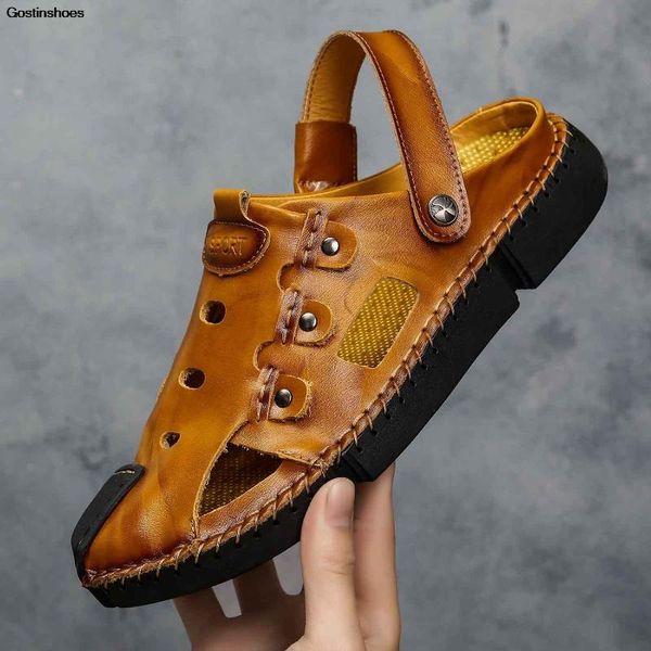 

sandal pria men leather sandals large size genuine leather closed toe fashion hollow shoes sandalias hombre beach sandals, Black