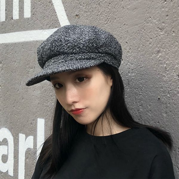 

literary retro snowflake woolen octagonal hat tide men and women autumn and winter berets japanese wild duck tongue painter hat, Blue;gray