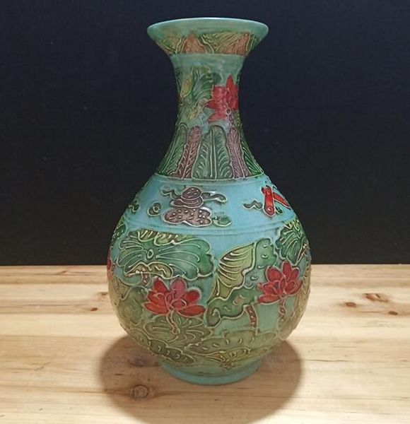 

antique porcelain ornaments jingdezhen ceramic green-glazed pastel embossed vase palace embossed lotus vase