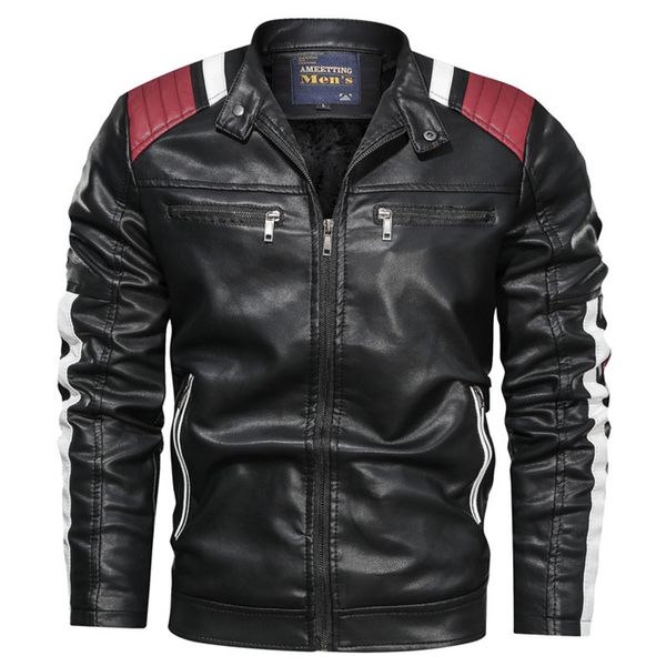 

mens designer casual pu leather jacket slim fit stand collar splice long sleeve winter homme coat, Black