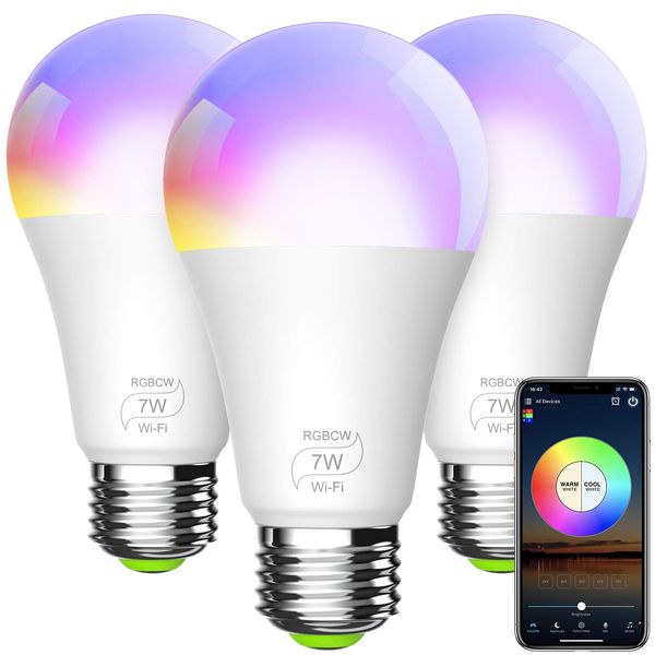 Lampadina Smart, A19 E26 7W RGBCW WiFi Luci LED multicolore dimmerabili, compatibile con Alexa, Google Home AC85-265V