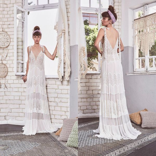 

inbal raviv лето boho 2019 пляж свадебные платья чешский кружева спагетти ремень v шеи свадебное платье свадебные платья свадебные платья ve, White