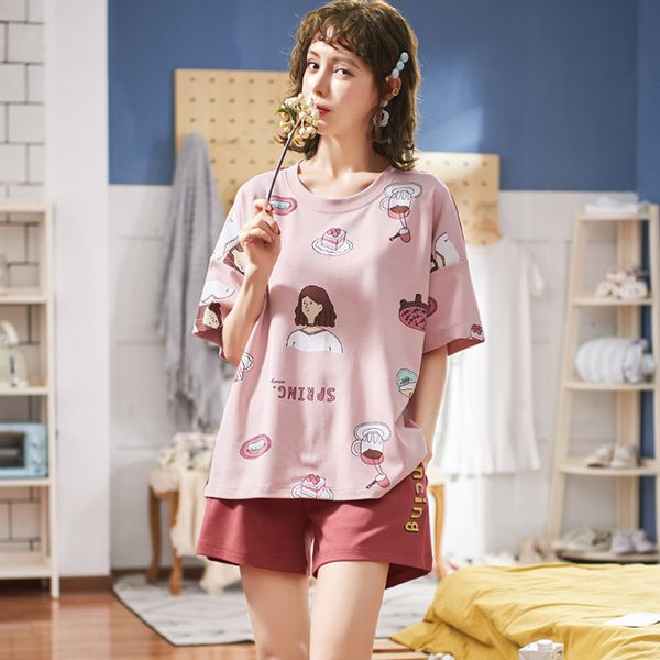 

women pajamas set summer cute cartoon print short sleepwear girls comfortable home clothes, Black;red