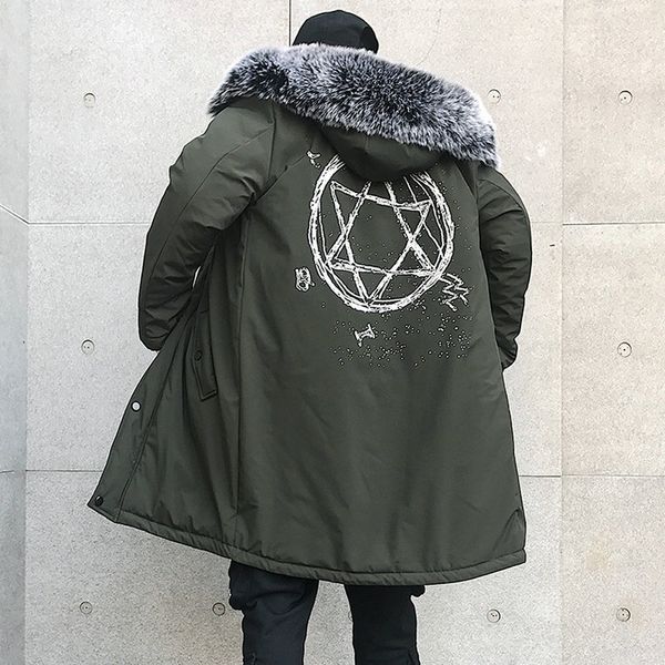 

street style fashion men winter jacket coat long style fur hooded windbreaker parka casual slim fit hip hop mens overcoat, Black