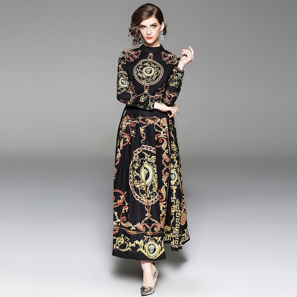 

spring female printing standing collar long sleeve ankle-length dress baroque retro palace style elegant maxi dresses women clothing qp33599, Black;gray