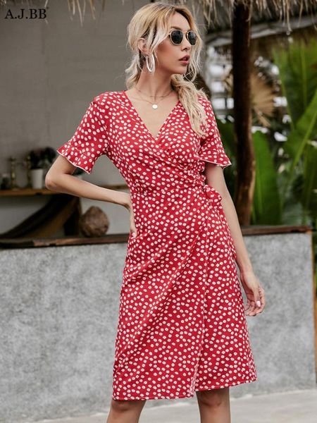 

casual dresses european summer solid color dress fashion loose v-neck dot print women's short sleeve skirt, Black;gray