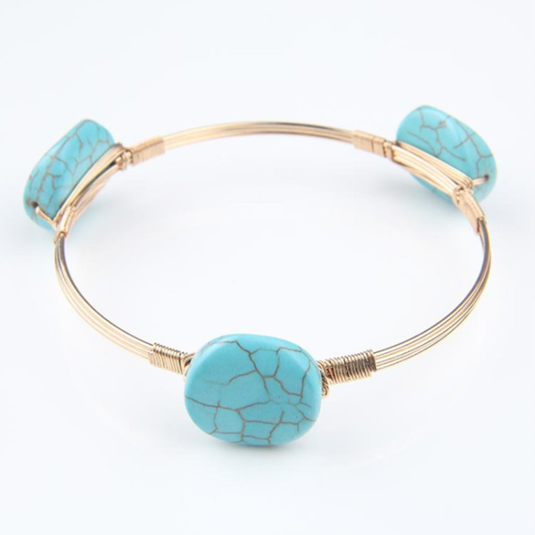 

light yellow gold color alloy irregular shape green turquoises stone bangle for party gift jewelry, Black
