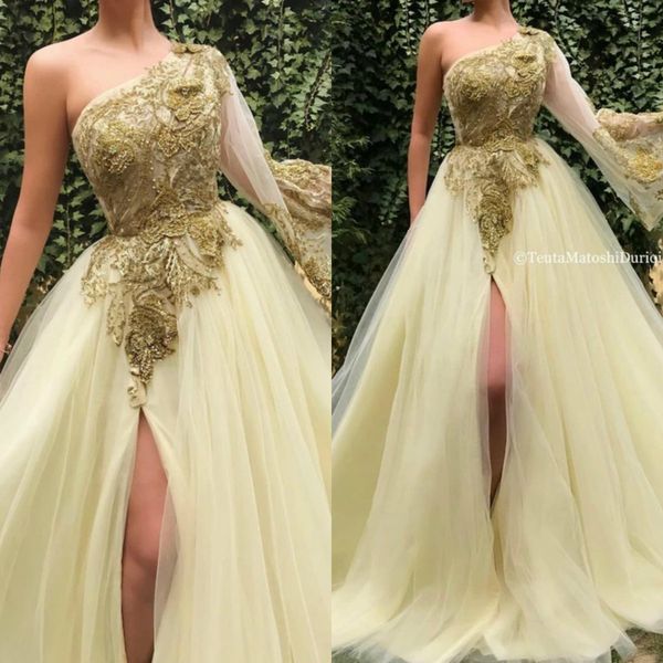 

rami salamoun 2019 yellow prom dresses one shoulder tulle appliqued sweep train high split evening gowns custom made formal dress, Black