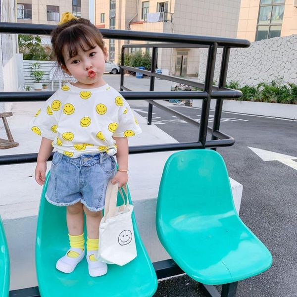 

kids clothes t shirt summer 2020 new boys and girls smiling face printed t-shirts, Blue