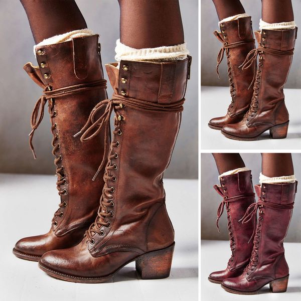 

women's boots retro cowboy casual long knee-high biker bootie winter warm shoes, Black