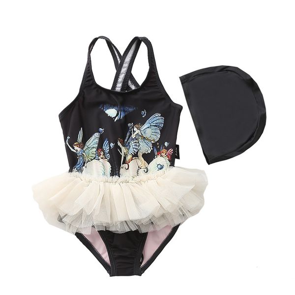 

2020 baby girls cute pluffy ruffles skirt swimsuit with cap children swimwear bath wear ballerina ballet style kids 1-10y, White