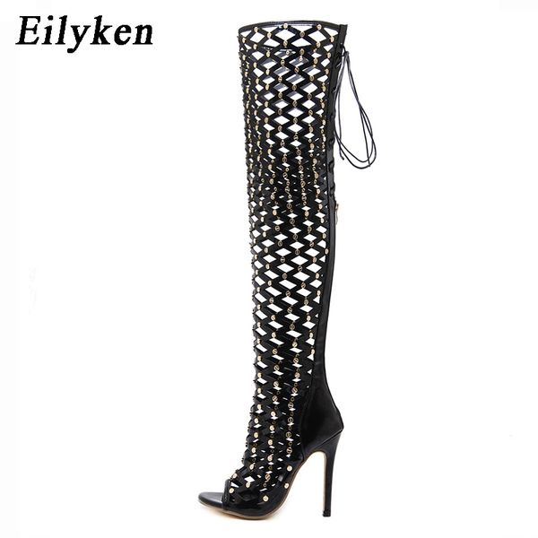 

eilyken 2019 new summer women shoes high heel rivet women thigh high over the knee boots woman peep toe gladiator sandals, Black