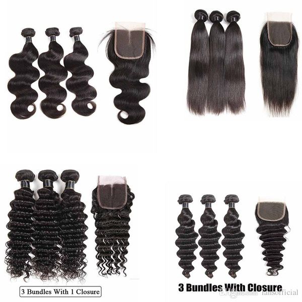 

brazilian virgin hair weave with closure natural black 3 bundles with lace closure straight body deep water wave human hair wefts extensions