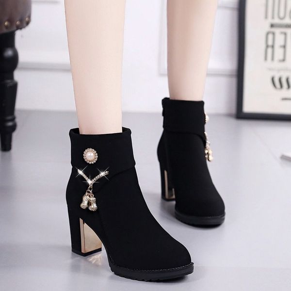 

round toe boots women new 2019 women's shoes autumn crystal zipper winter footwear luxury designer booties ladies high heel, Black
