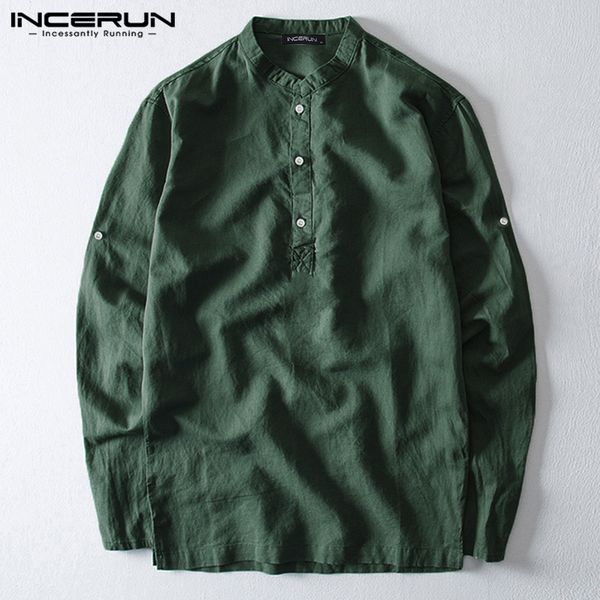 

men brand shirts solid long sleeve vintage cotton camisas hombre stand collar streetwear casual shirts incerun 2019, White;black