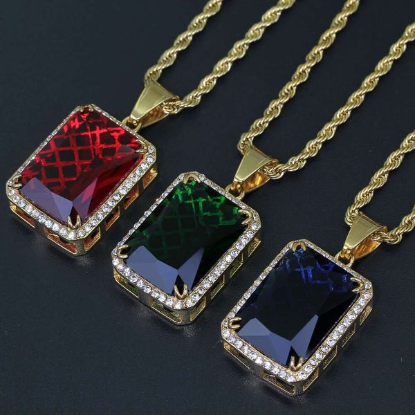 

hip hop gem pendant necklaces for men women luxury green blue gemstone ruby pendants stainless steel colorful necklace jewelry lover gifts, Silver