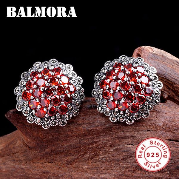 

balmora real 925 sterling silver red garnet retro stud earrings for women lover party gifts elegant ethnic boho fashion aretes cj191216, Golden;silver