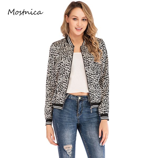 

mostnica autumn leopard printed long sleeve zipper up bomber jacket women thin around collar coat streetwear casual outwear, Black;brown