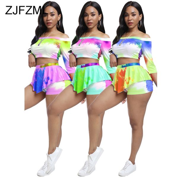 

плюс размера 2 шт клуб экипировка летняя одежда для женщин tie dye печати половины рукава slim fit t рубашки и bodycon короткого matching se, White