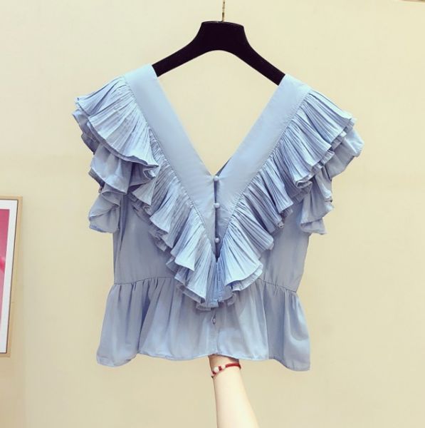 

blouse women pleated ruffles flying sleeves v-neck solid color elegant shirt female 2020 summer new slim cropped shirt blouse, White