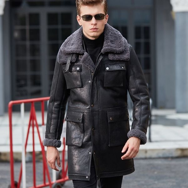 

fashion 100% real sheepskin fur men coat genuine full pelt sheep shearling mens winter jacket slim fit black men fur outerwear