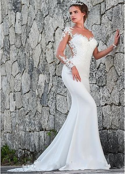 

sheer long sleeves satin mermaid wedding dresses 2020 tulle lace applique sweep train wedding bridal gowns with buttons robes de mariÃ©e, White