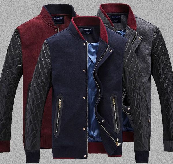 

autumn winter new men coat fashion short slim business casual stand collar splicing sleeve pu leather jacket man outerwear, Black;brown