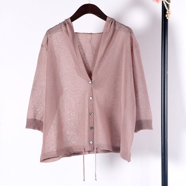 

summer loose sun-proof clothing women thin hooded shirts linen solid color knitted female wild, White