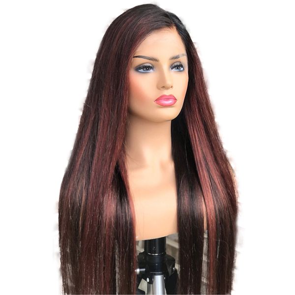 

180 density 99j highlight brazilian remy hair lace front wigs for women burgundy highlight silky straight 360 lace front wigs, Black;brown