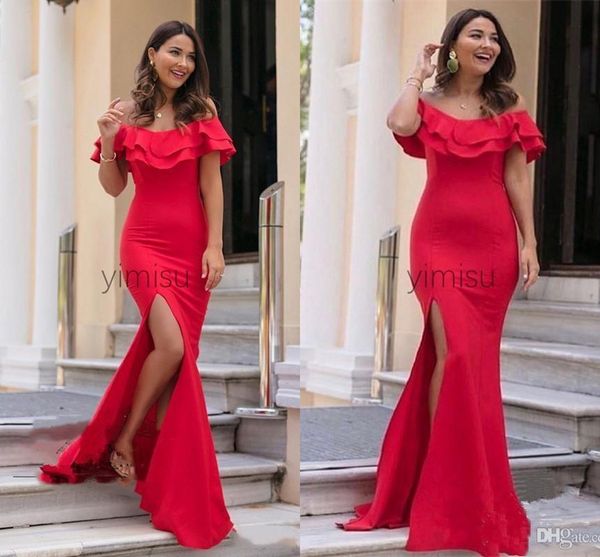 

plus size red mermaid prom dresses long off shoulder side split ruffles formal evening party gowns special occasion dress robes de soirÃ©e, Black