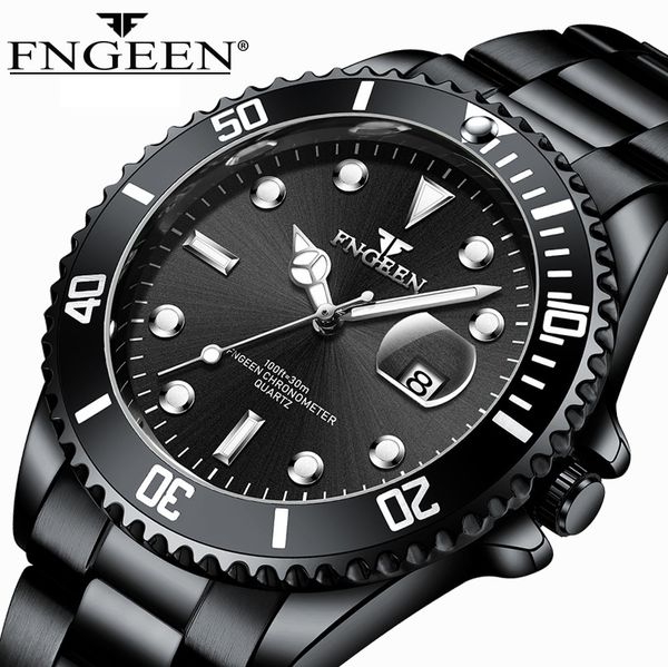 

2019 fngeen mens watches black stainless steel men watch quartz movement waterproof luminous with date male clock reloj hombre, Slivery;brown