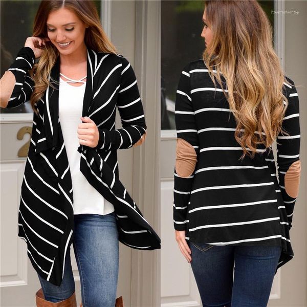 

striped panelled fashion loose irregular womens cardigan outerwears casual long sleeve females clothing womens designer jackets, Black;brown