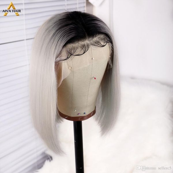 Gray Lace Front Human Hair Wigs Straight Short Bob Full Lace Wigs