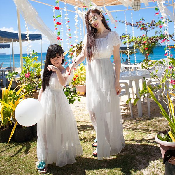 

2020 mother daughter chiffon dresses white fairy pricess sundress mommy and me clothes family wedding outfits women baby dress, Blue