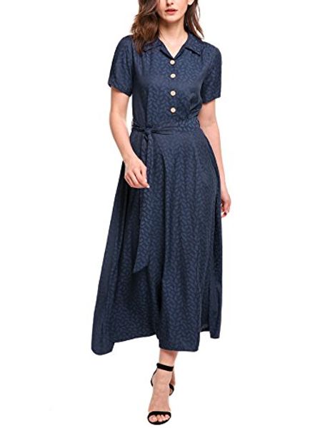 

acevog women vintage style turn down collar short sleeve high waist maxi swing dress belt, Black;gray