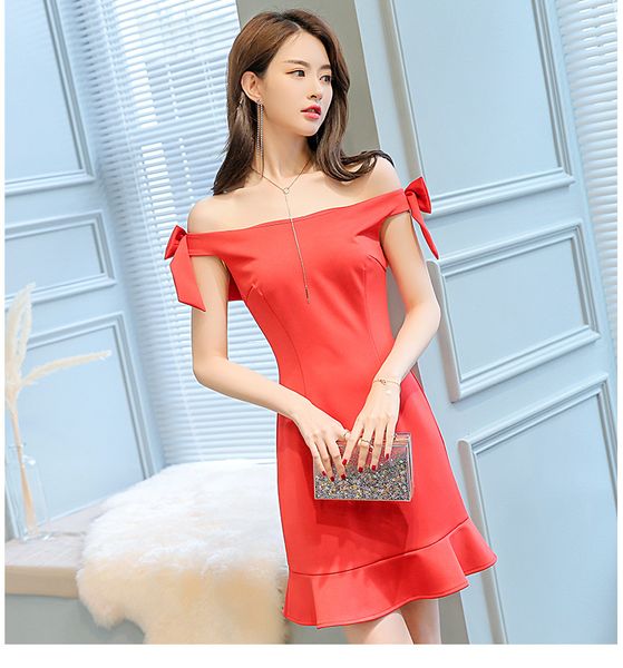 

watermelon red a word shoulder dress casual, Black;gray