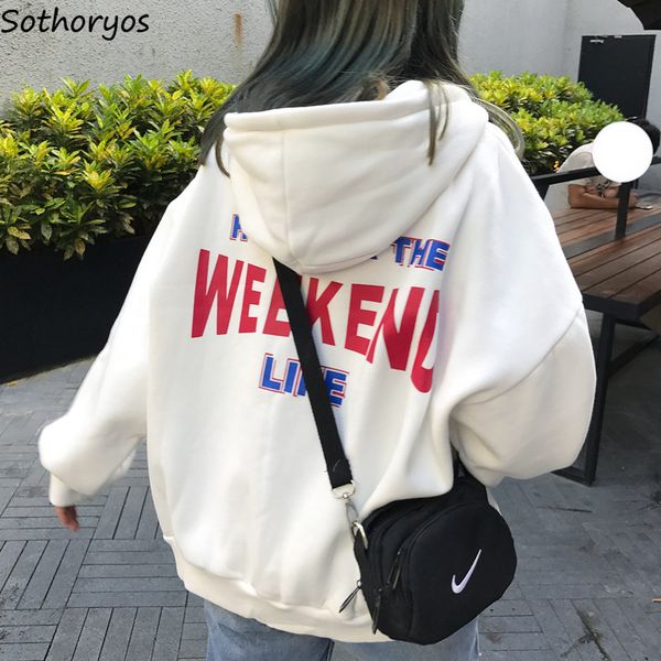 

hoodies women letter printed loose hooded trendy pockets plus velvet sweatshirts womens korean style harajuku all-match chic, Black