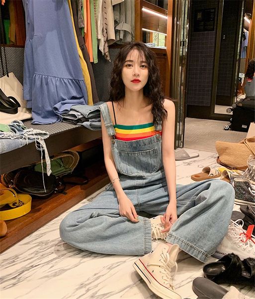 

the new south korean version of 2019 summer baggy age-reducing high-waisted wide-leg jeans and suspenders for women, Blue