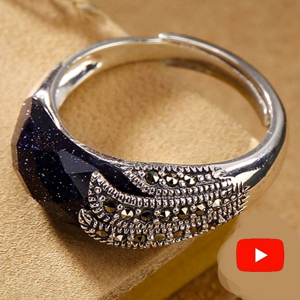 

not fake poland s925 fine antique shop ring sapphire ring women chinatown art handicraft artisan baltic gemstone lazuli, Golden;silver