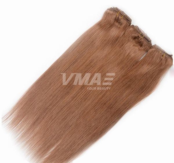 

vmae 100%european human hair for women 100g golden brown double drawn silk straight #613 natural color blonde clip in extensions, Black;brown